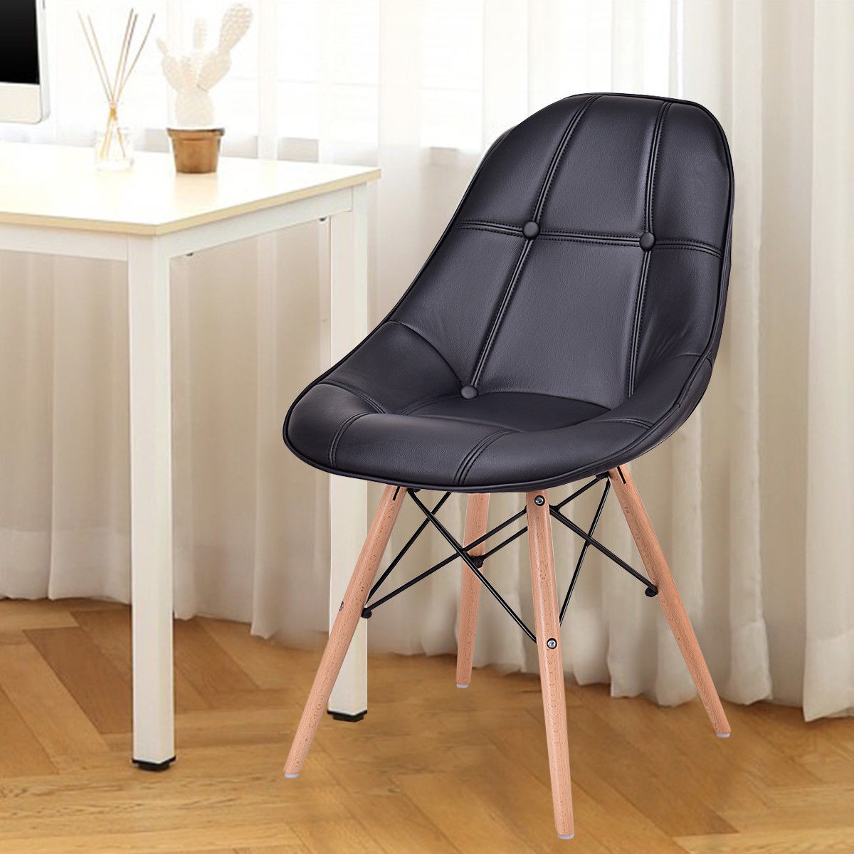 Set Of 2 Armless PU Leather Dining Chairs With Wooden Legs