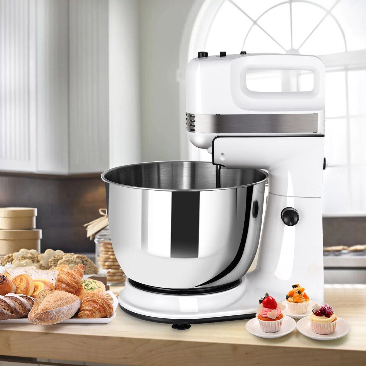 250W 5-Speed Stand Mixer W/ Dough Hooks Beaters And Stainless Steel Bowl