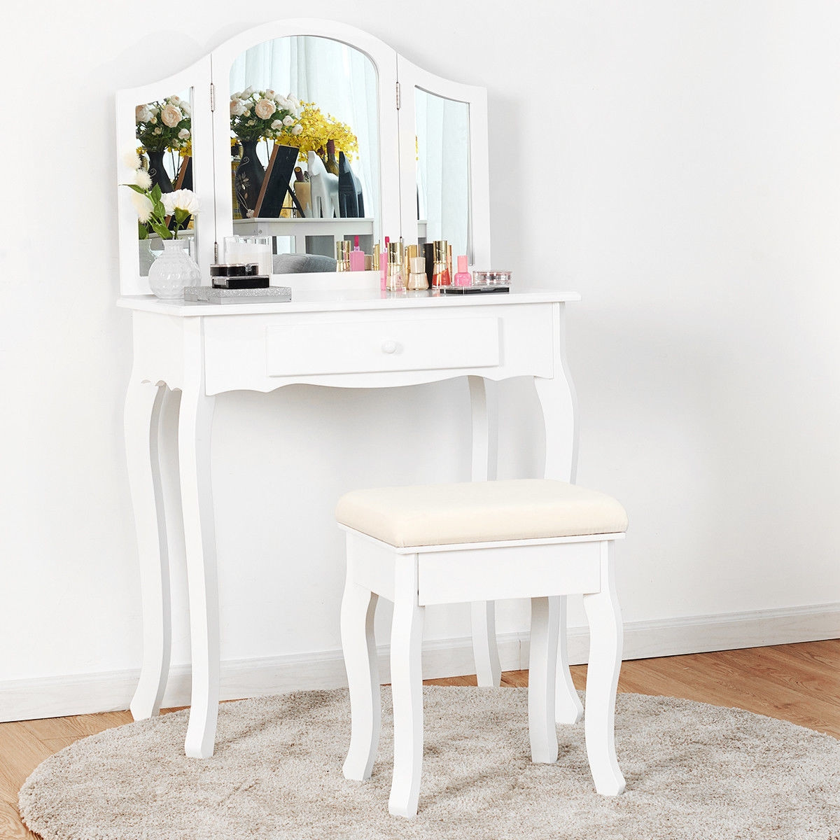 Vanity Makeup Dressing Table With Tri-Folding Mirror And Drawer-Black / White