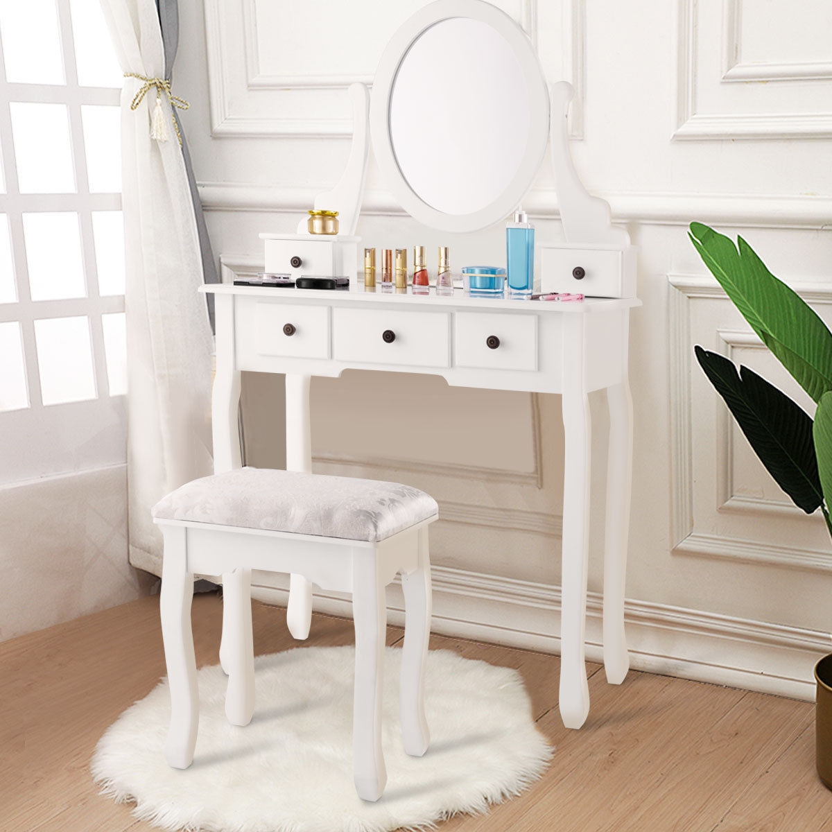 Dressing Table Set With Oval Mirror Stool And 5 Storage Drawers
