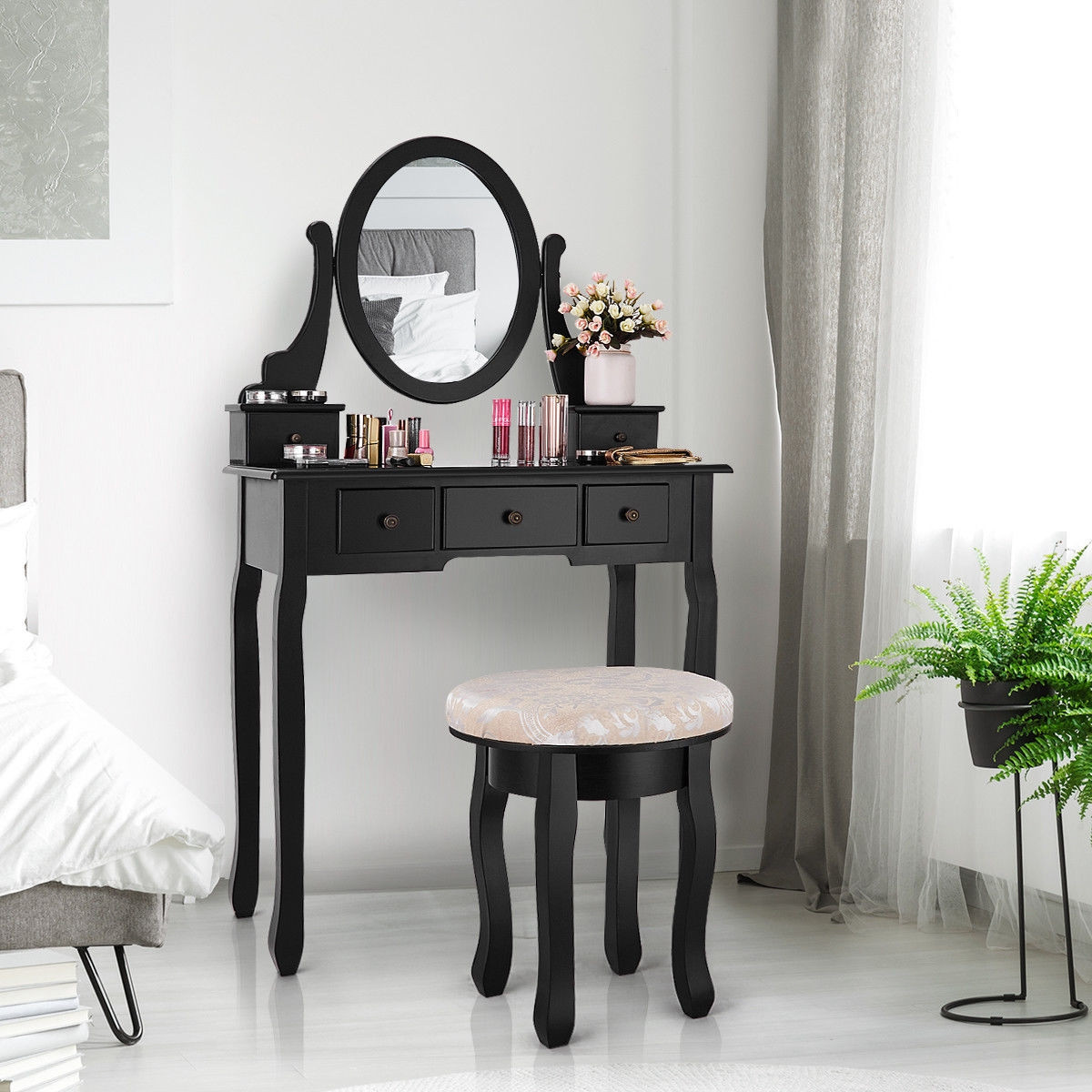 Mirrored Vanity Table Set W / Cushioned Stool And 5 Drawers