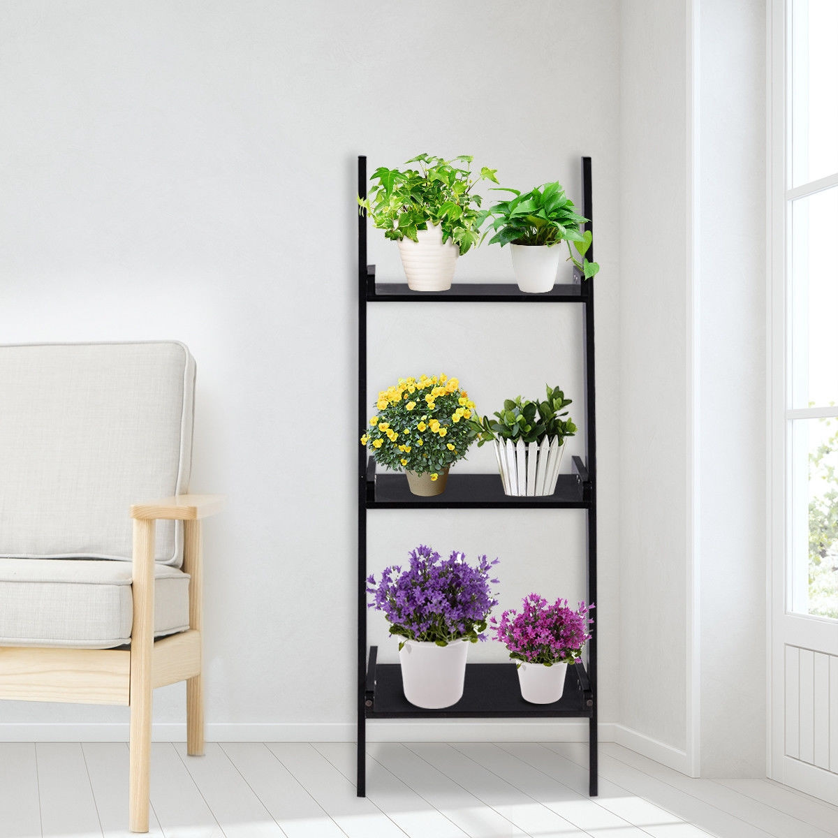 3 Tier Leaning Rack Wall Book Shelf Ladder