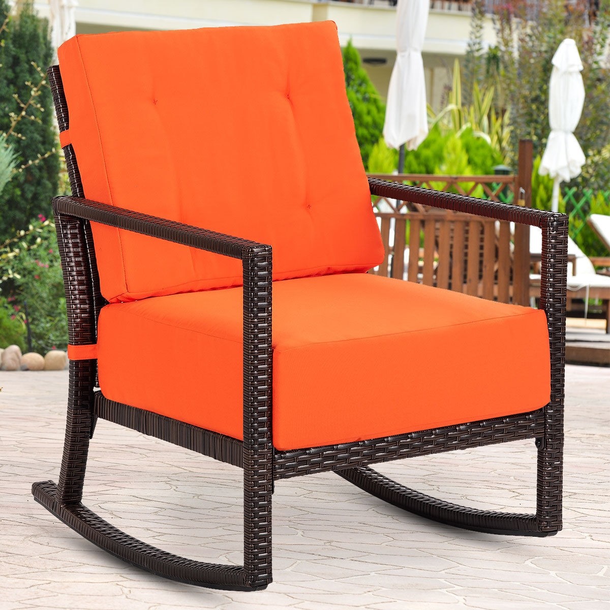 Patio Rattan Rocking Chair Rocker Armchair With Cushions