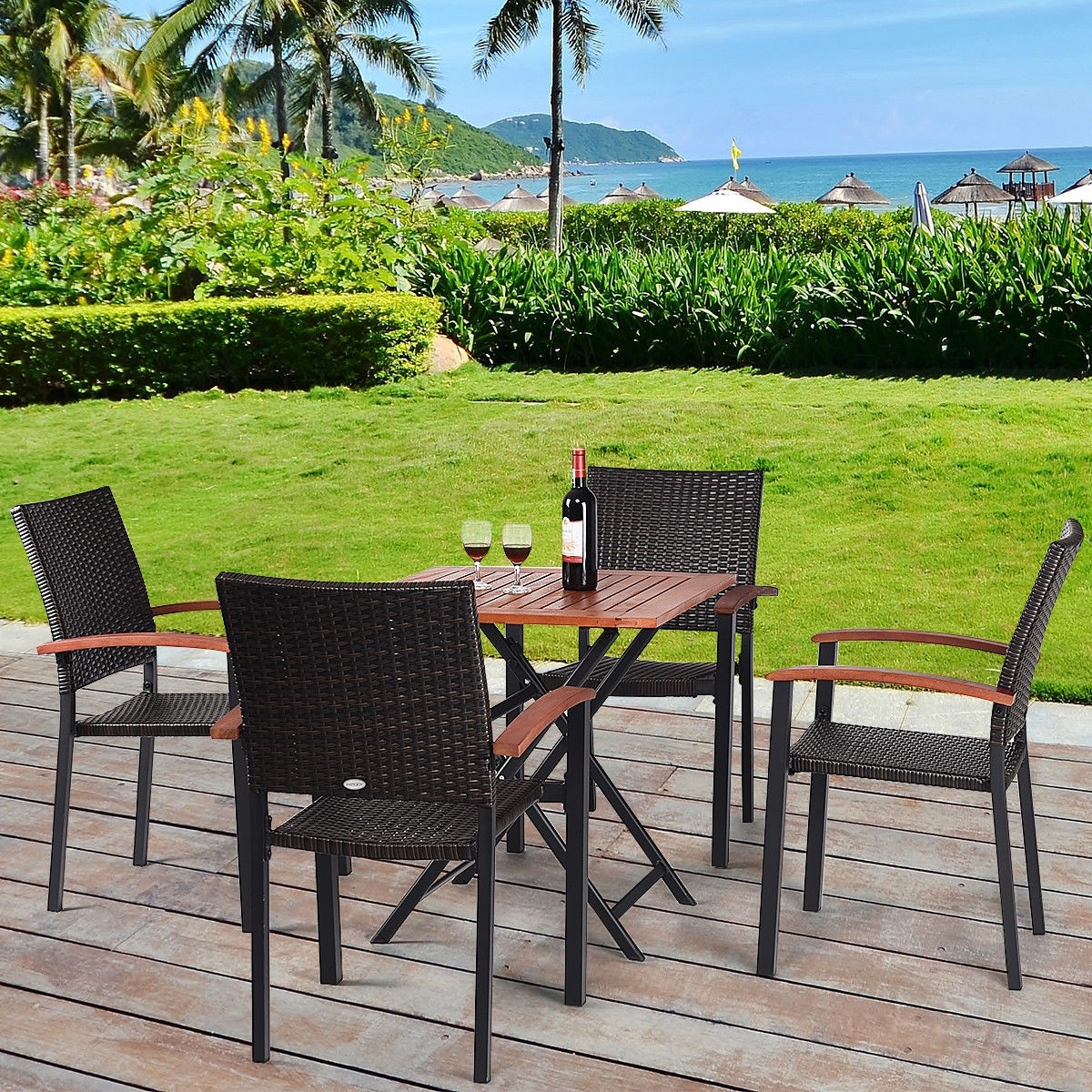 4 Pcs Patio Rattan Dining Chairs Armchair Stackable Wicker