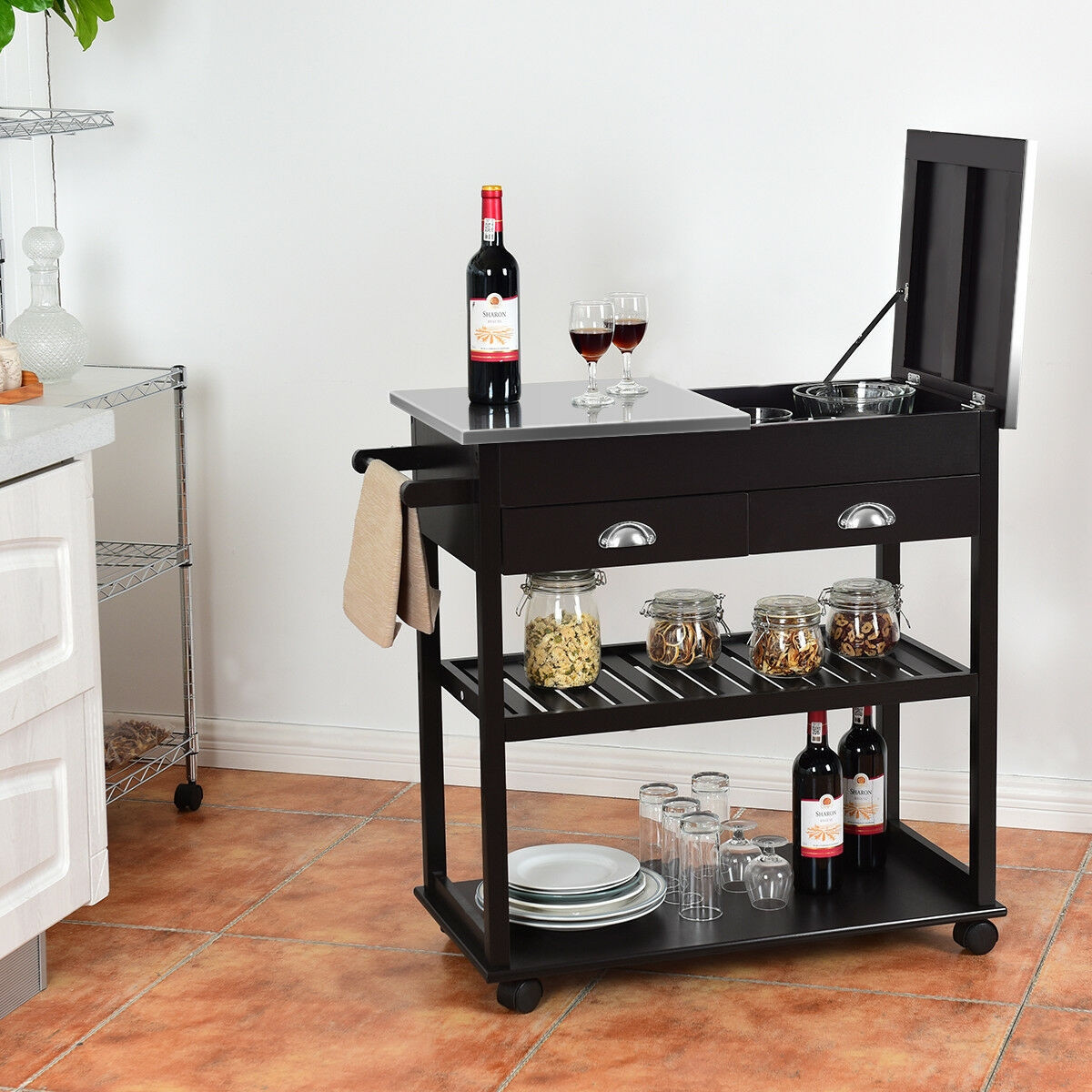 Rolling Kitchen Island Trolley Cart With White Drawer