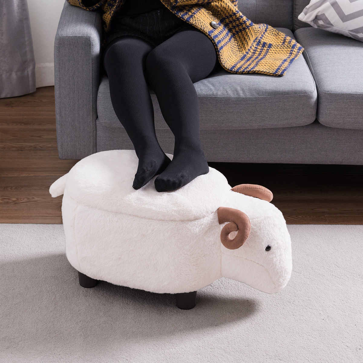 White Sheep Upholstered Ride-on Storage Ottoman Footrest Stool