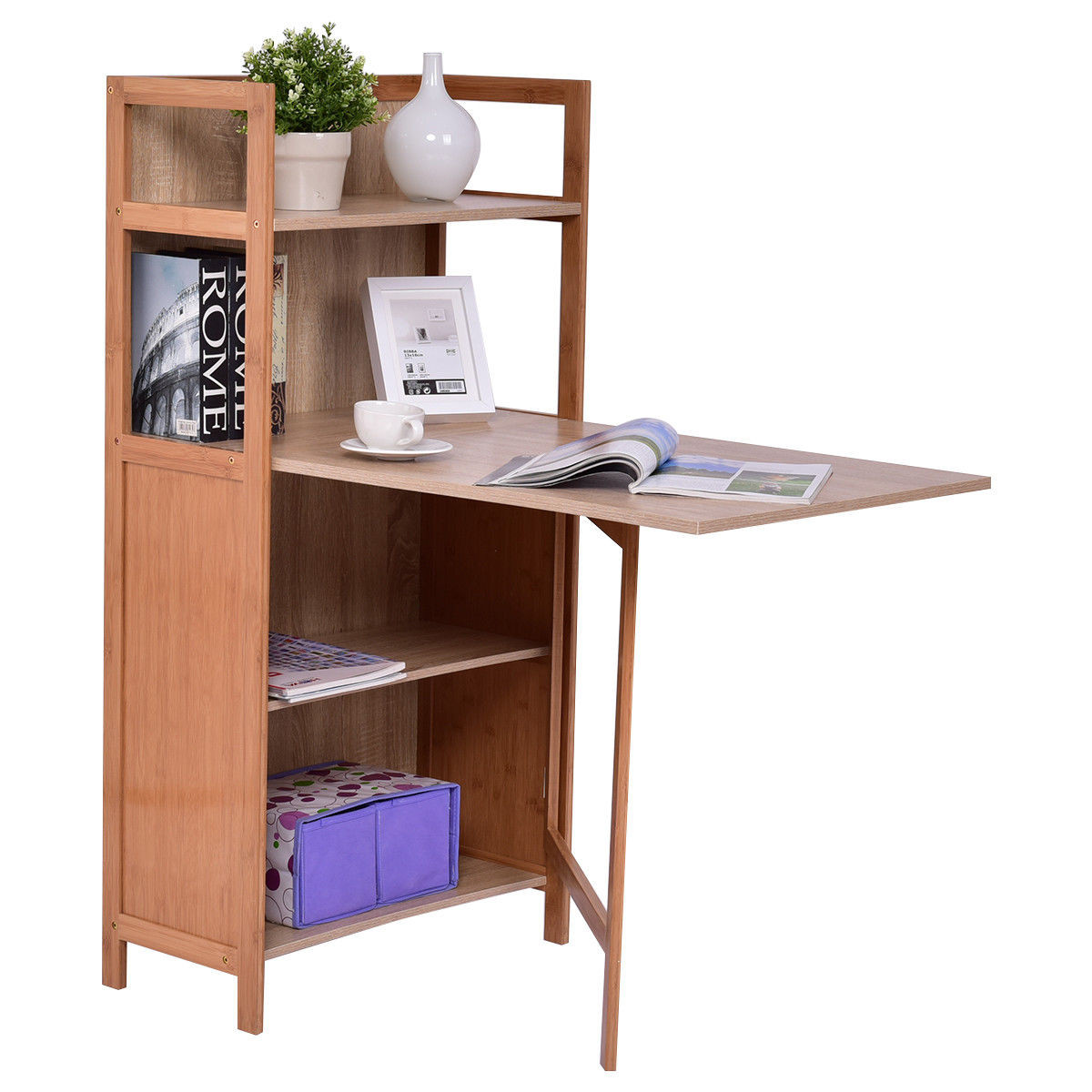 2-In-1 Convertible Wood Folding Desk Cabinet With Bookshelf