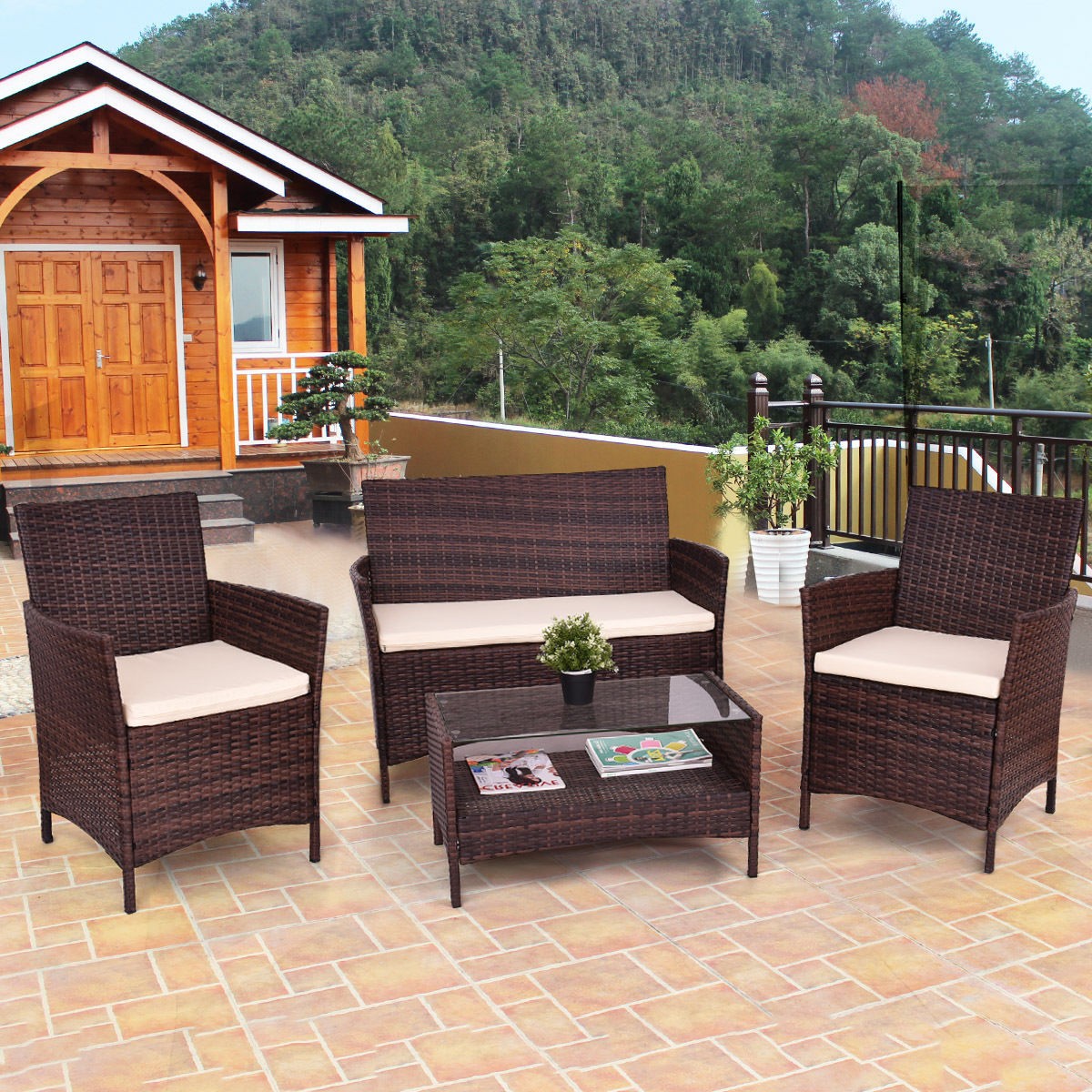 4 Pcs Outdoor Patio Rattan Table Sofa Set With Cushions