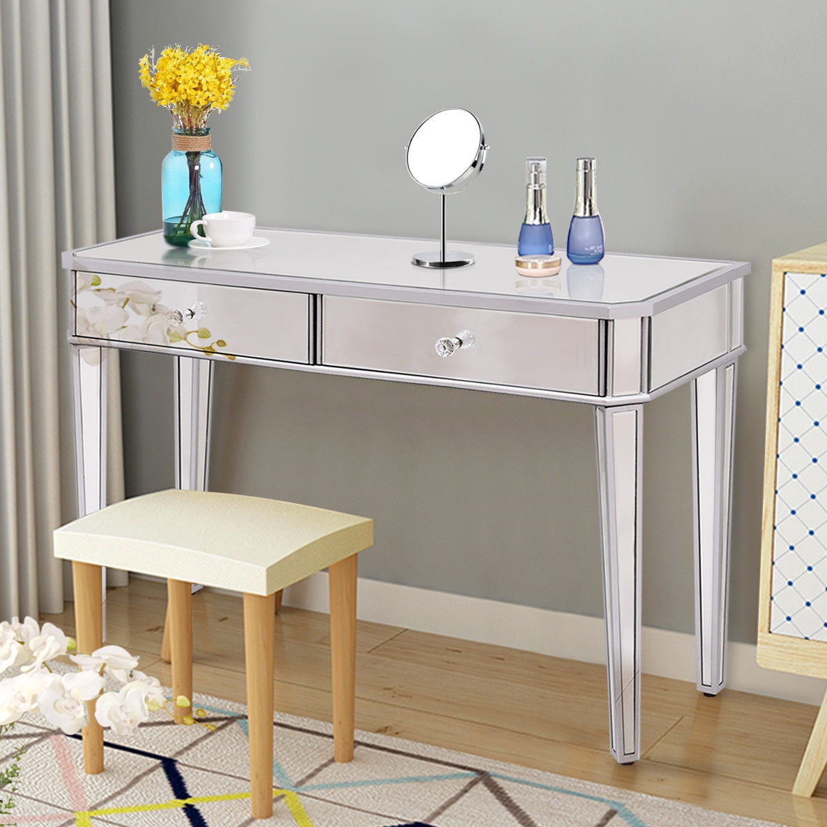 2 Drawers Mirrored Vanity Make-Up Desk Console