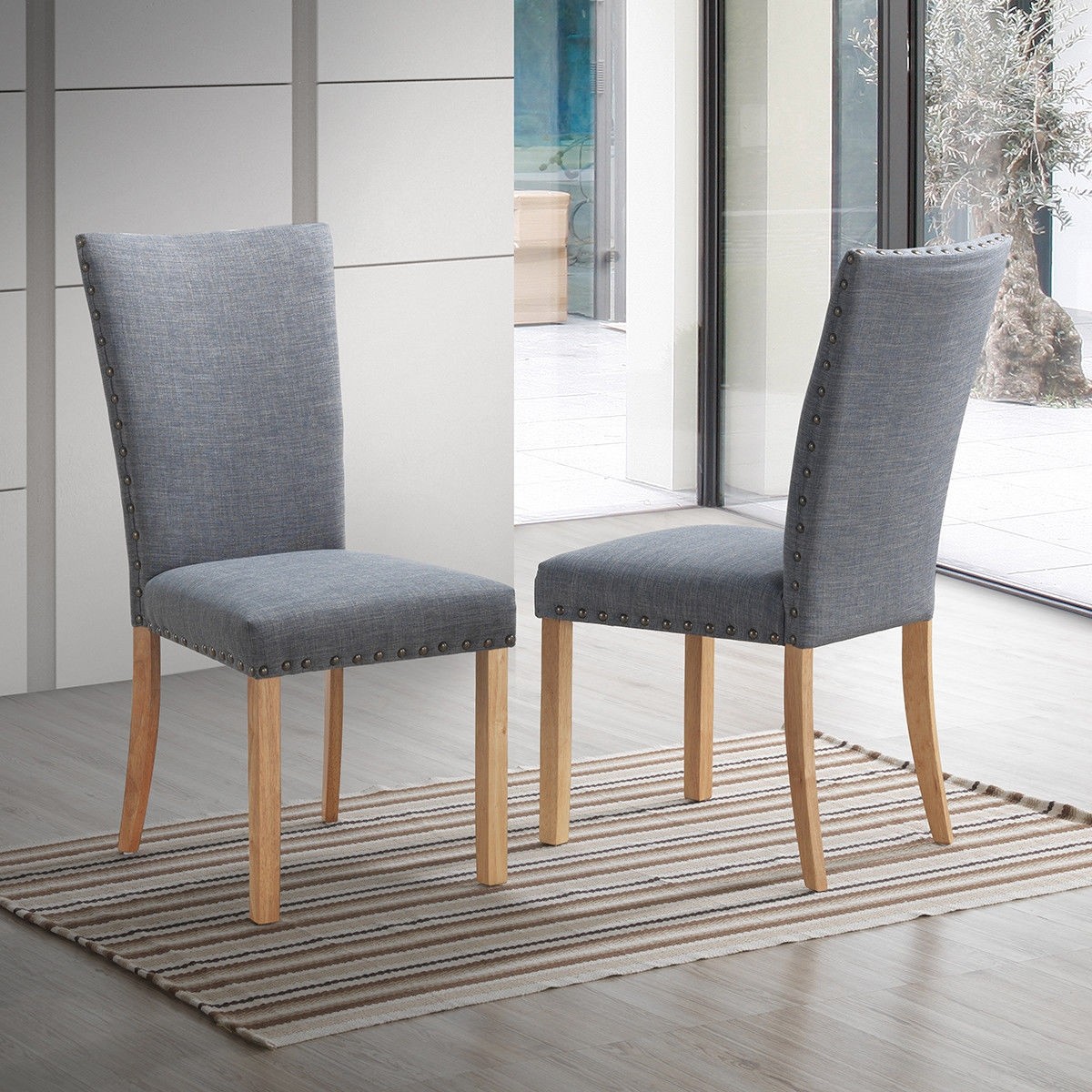Set Of 2 Armless Fabric Upholstered Nailhead Dining Chairs