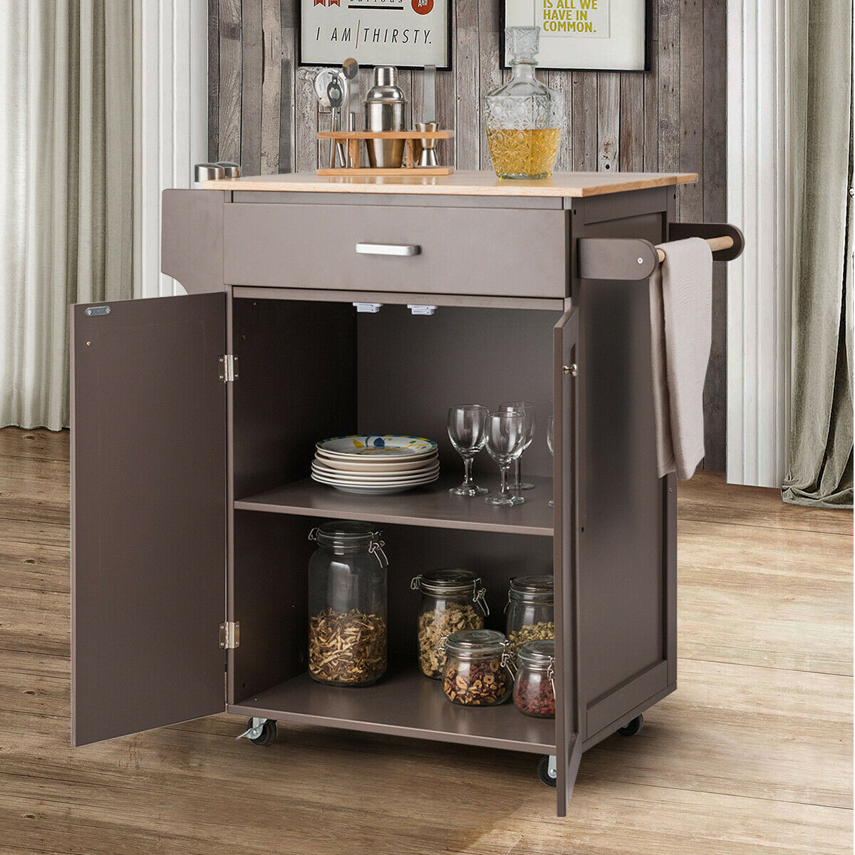 Rolling Kitchen Island Cart Storage Cabinet With Spice Rack