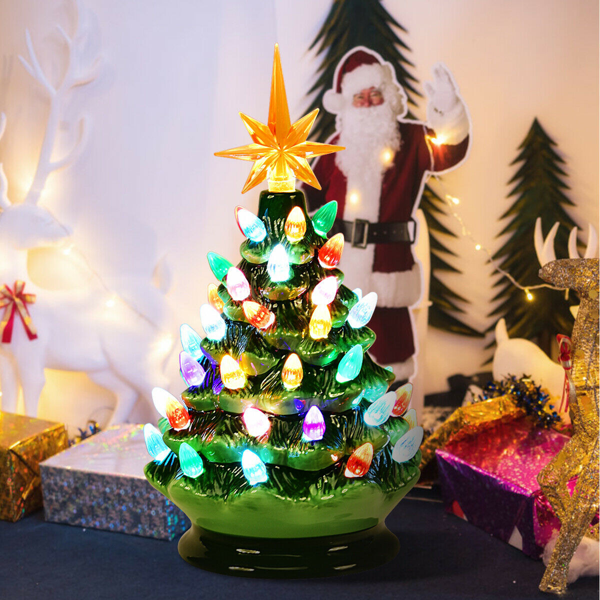 9.5 In. Prelit Hand-Painted Ceramic Battery Powered Christmas Tree