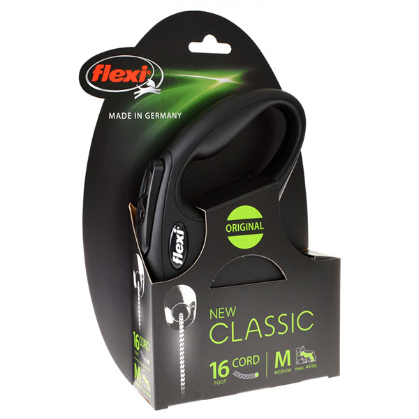 Flexi New Classic Retractable Cord Leash - Black - Small - Medium - 16 in. Cord - Pets up to 44 lbs