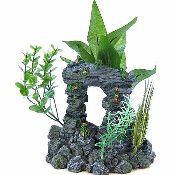 Blue Ribbon Rock Arch with Plants Ornament - Medium - 6 in. L x 5 in. W x 7.5 in. H