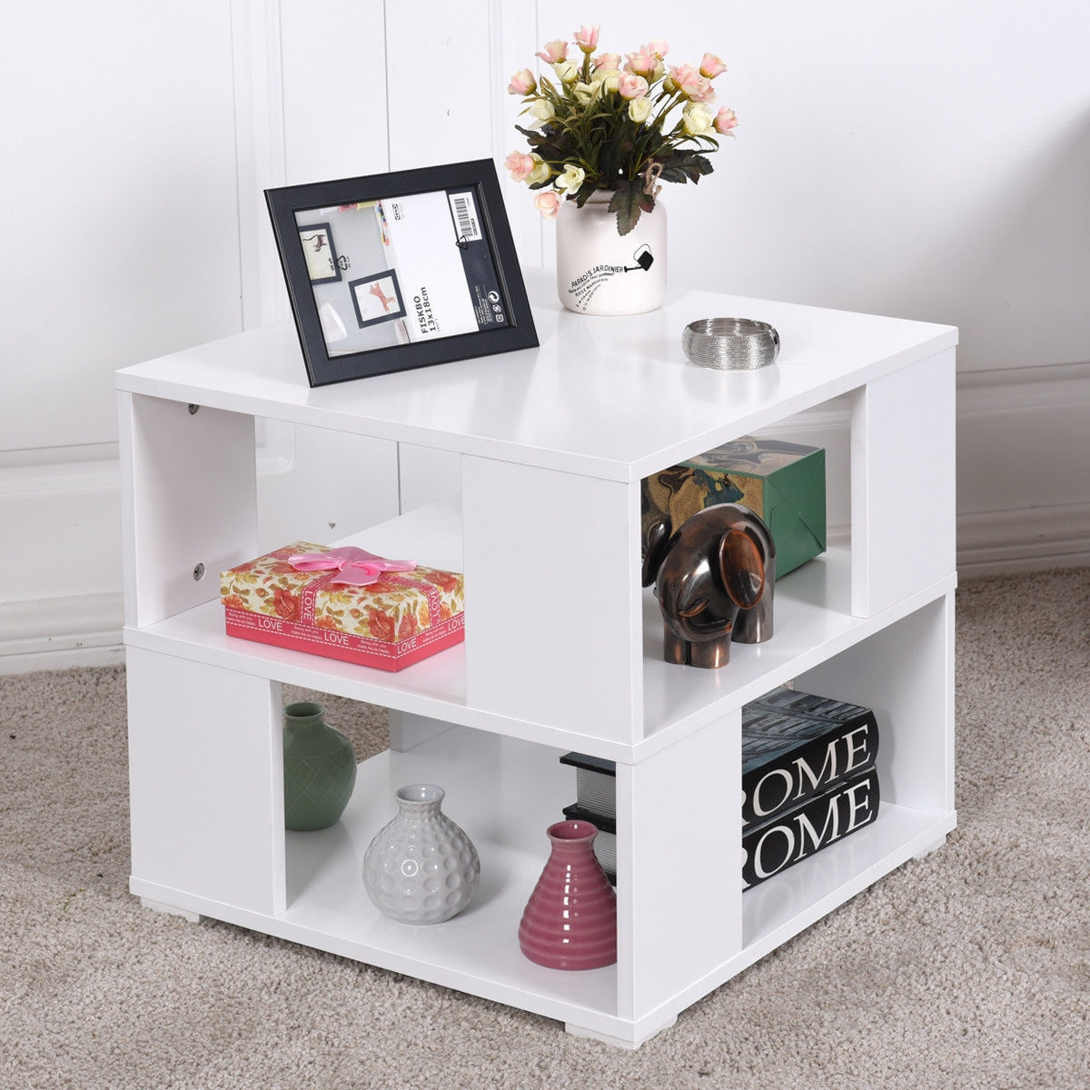 Modern Wood Square End Table With Storage Cube Shelves