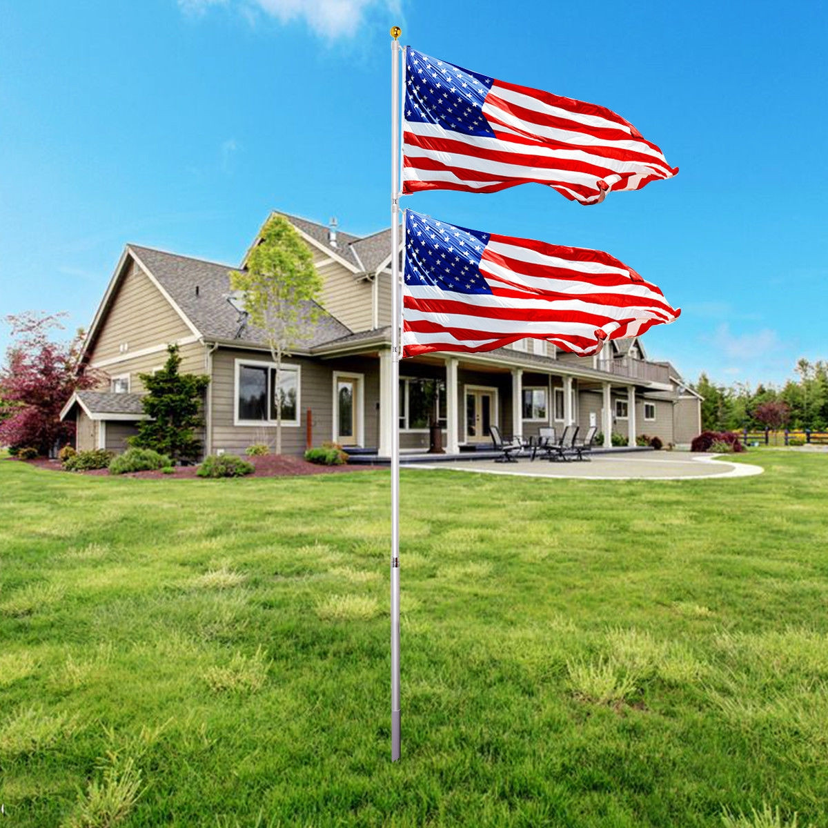 25 Ft. Telescoping Flagpole 2 US America Flag Kit