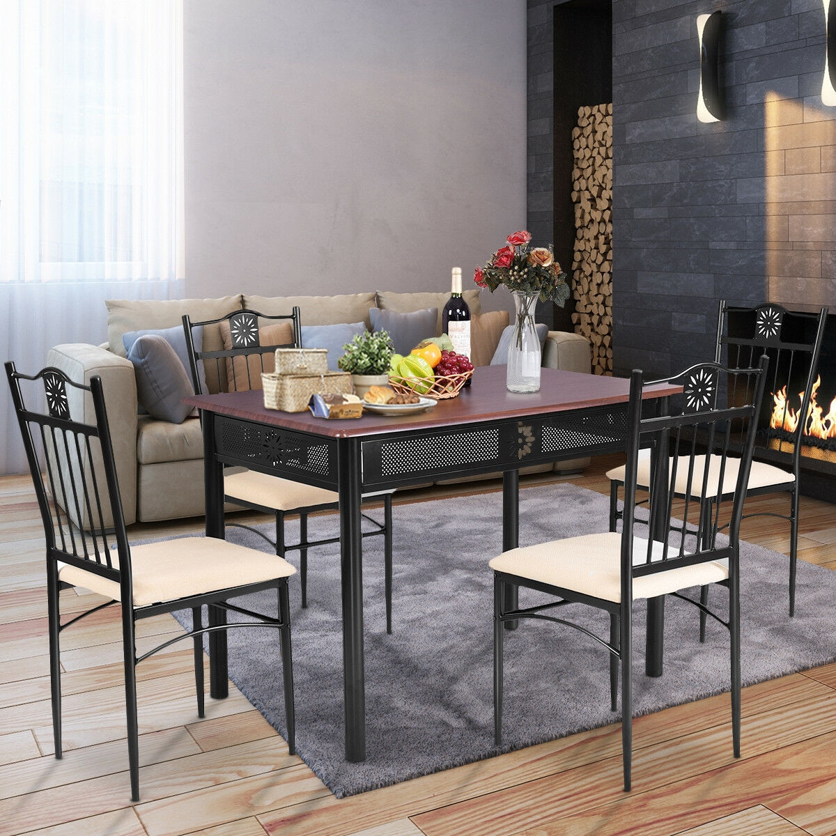 5 Pcs Dining Set Wood Metal Table And 4 Chairs With Cushions