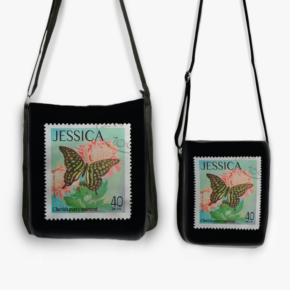 Personalized Butterfly Stamp Black Crossbody Messenger Bag