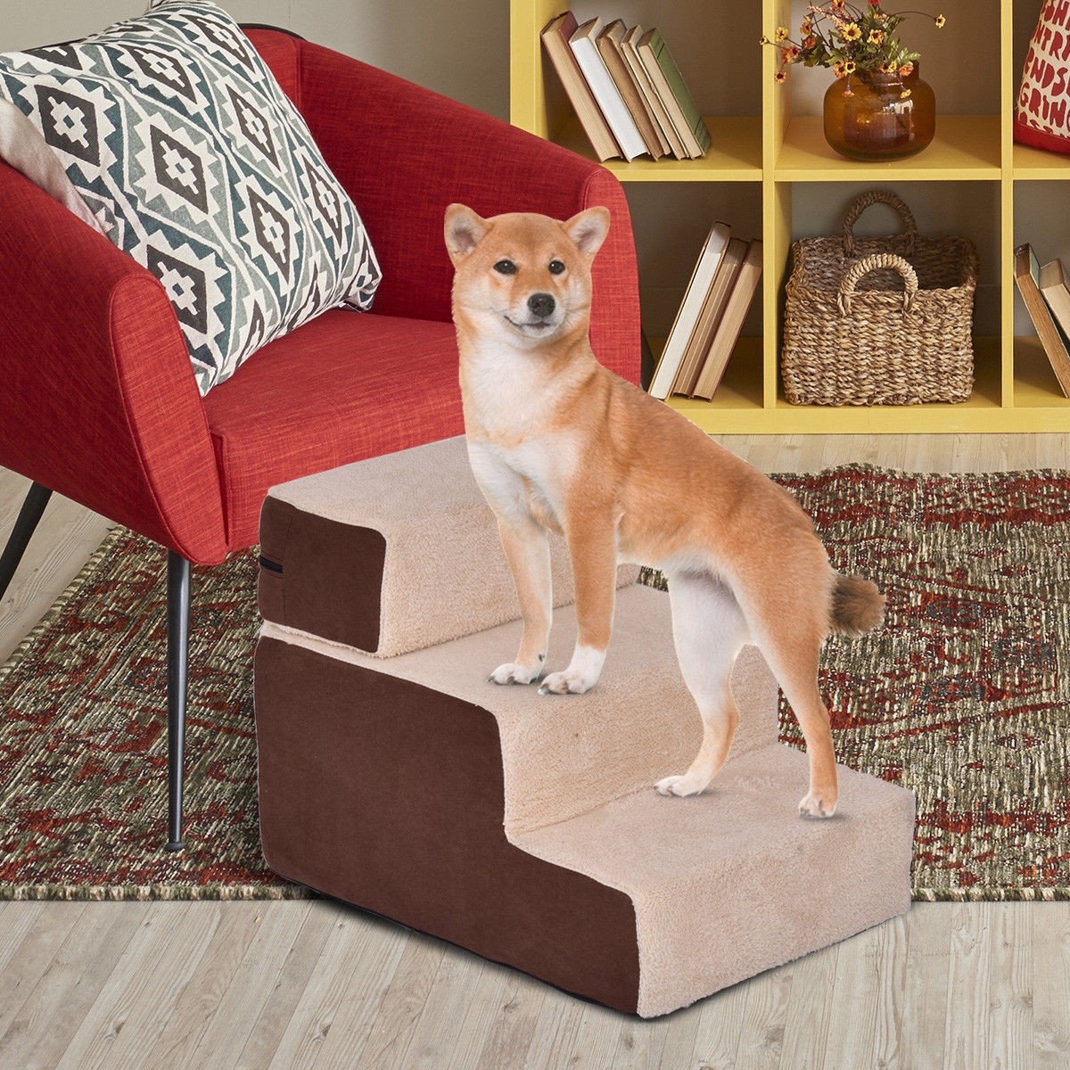 Portable 3 Step Pet Stairs Soft Step For Dog And Cat Cotton Brown