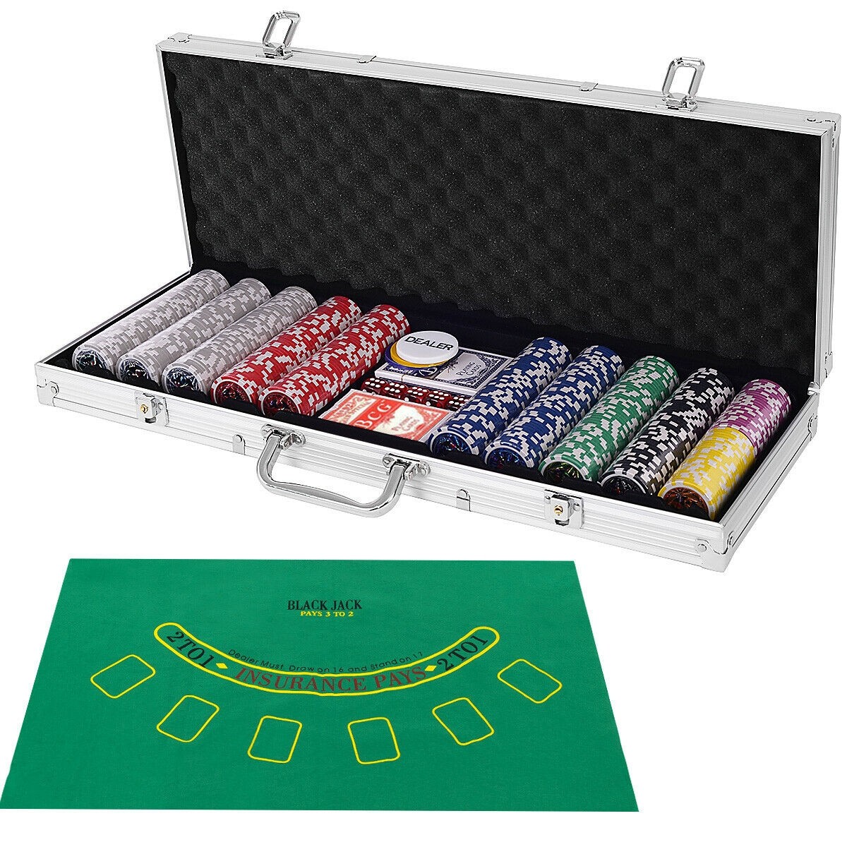 Texas Holdem Cards With 500 Jetton And Dice In Aluminum Case