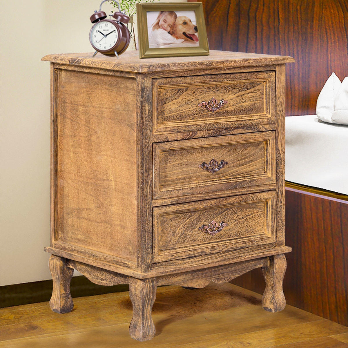 Storage Solid Wood End Nightstand With 3 Drawers