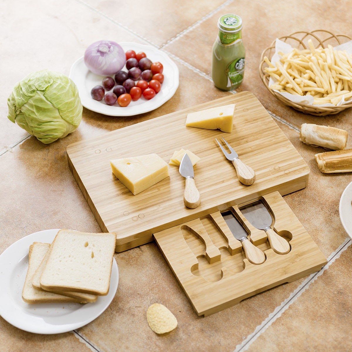 5 Pcs Cheese Stainless Steel Knife Bamboo Cutting Board Set