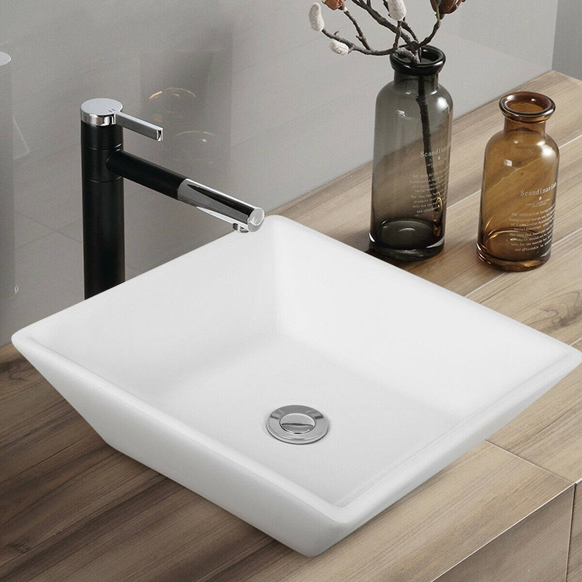 16 in. x 16 in. Square Bathroom Ceramic Vessel Sink With Pop-Up Drain