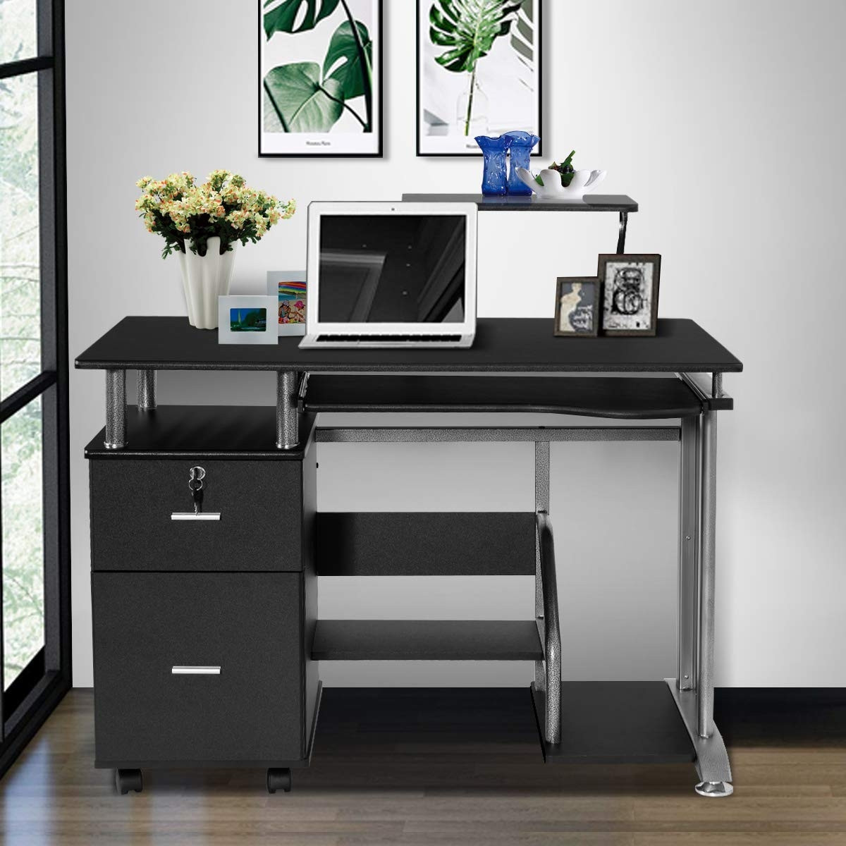 Black Computer Desk With Printer Shelf