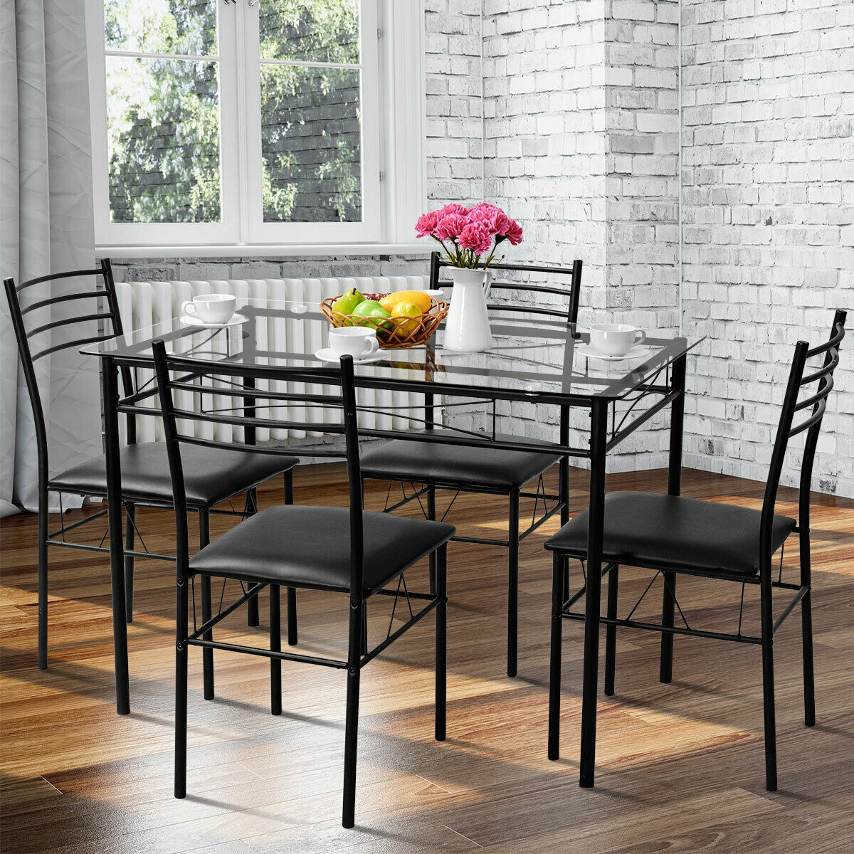 5 Pcs Dining Glass Top Table And 4 Upholstered Chairs