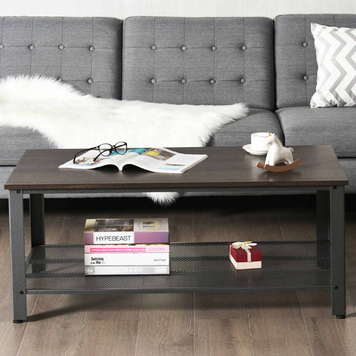 Metal Frame Wood Coffee Table Console Table With Storage Shelf