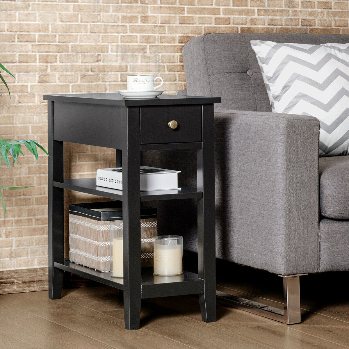 3-Tier Nightstand Bedside Table Sofa Side With Double Shelves Drawer