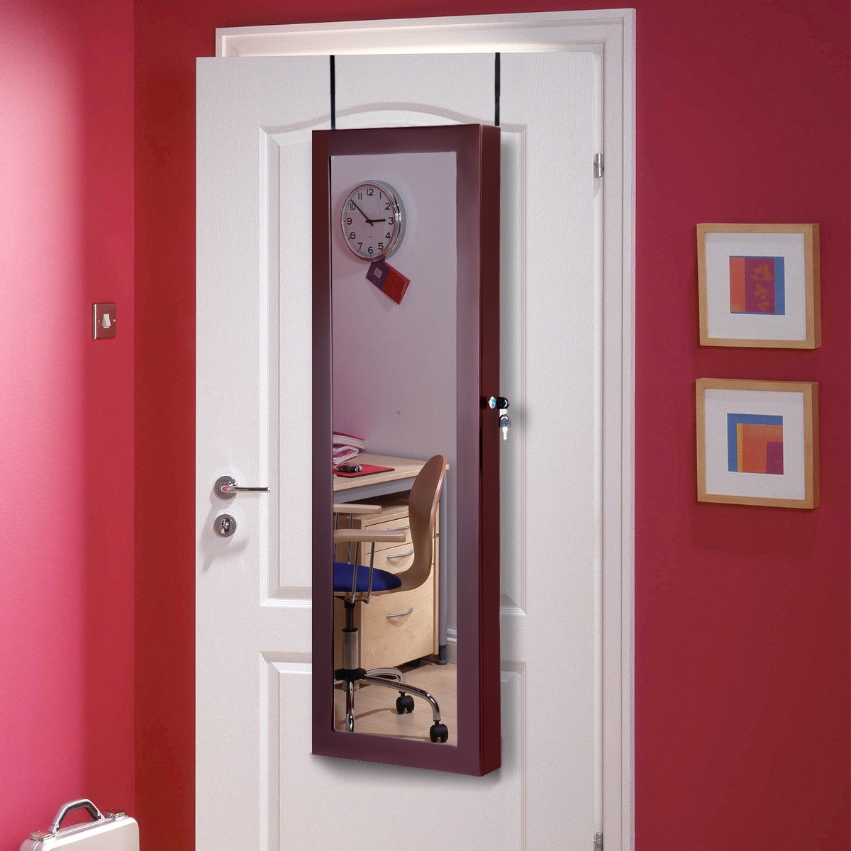 Lockable Wall Door Mounted Mirror Jewelry Cabinet W / LED Lights