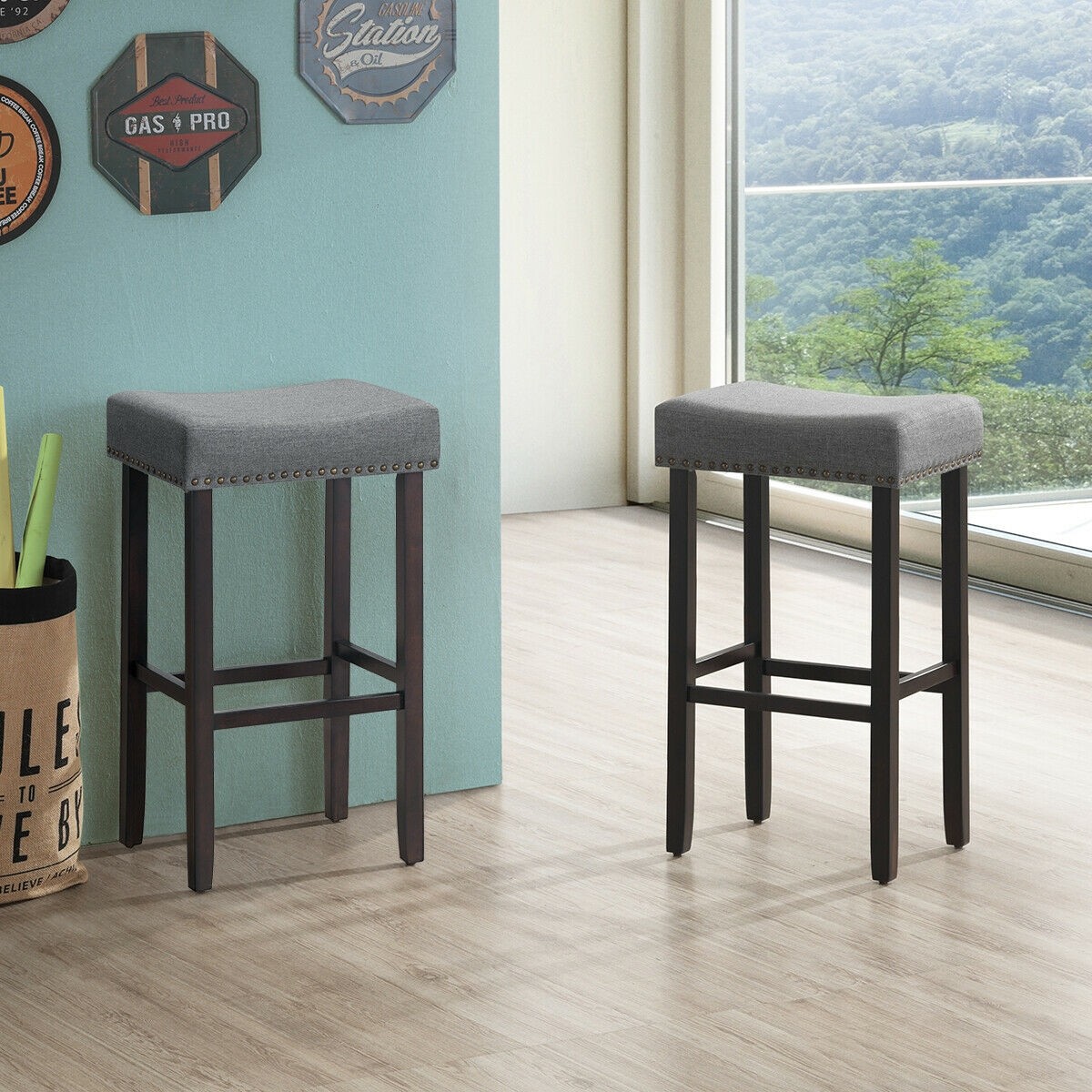 2 Pcs 29.5 in. Saddle Bar Stools With Fabric Seat And Wood Legs