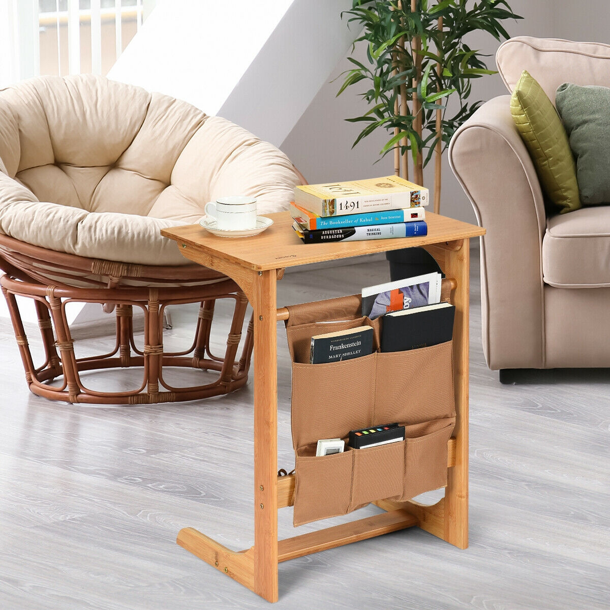 Bamboo Sofa Table End Table Bedside Table With Storage Bag