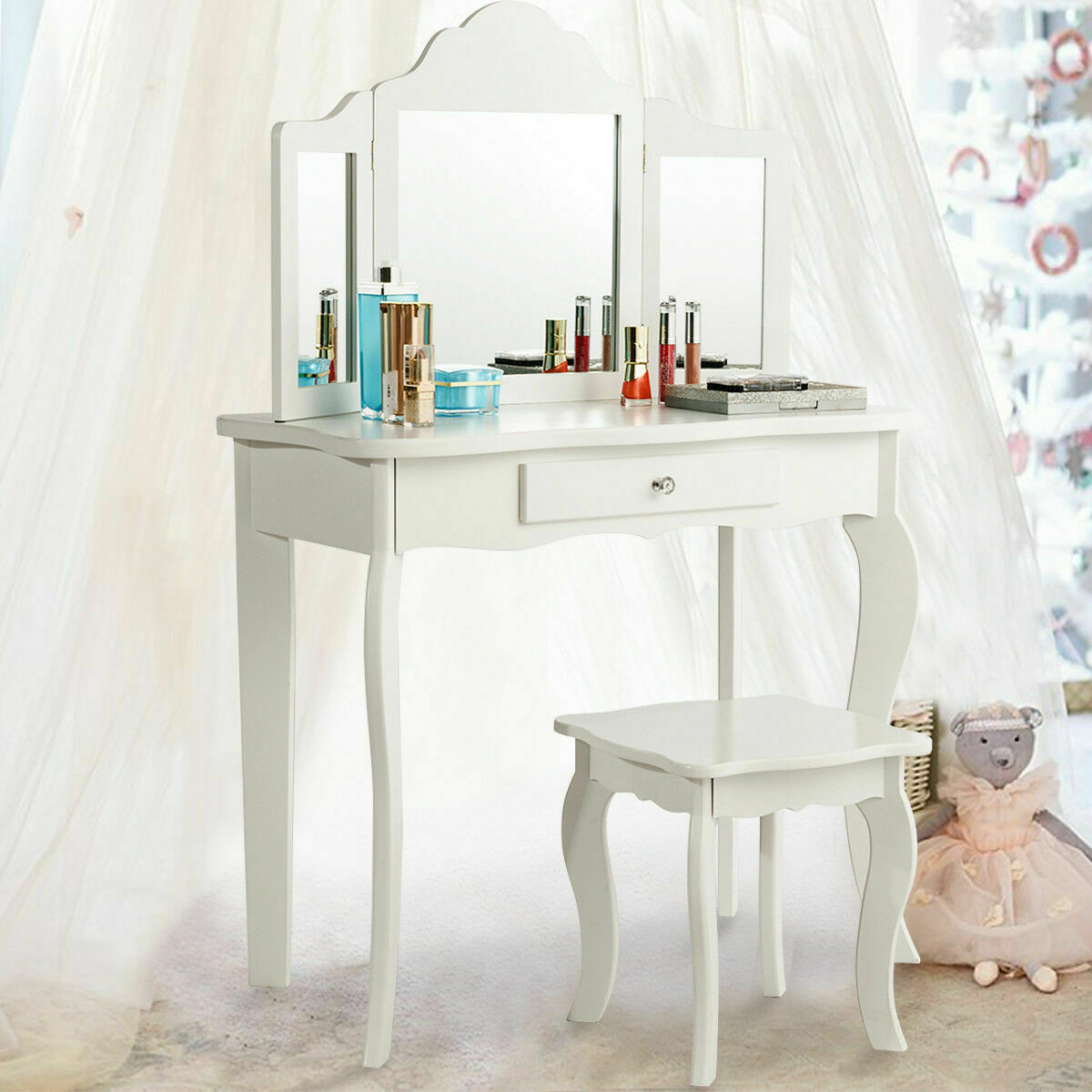 Kids Makeup Dressing Mirror Vanity Table Stool Set