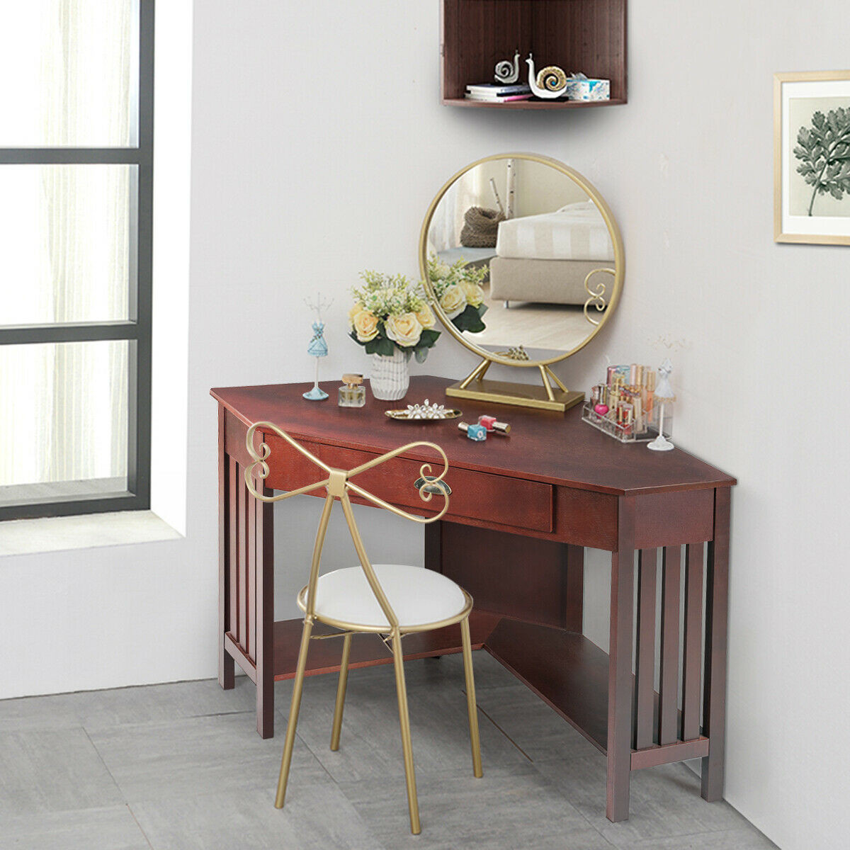Corner Writing Desk With Drawer And Shelves