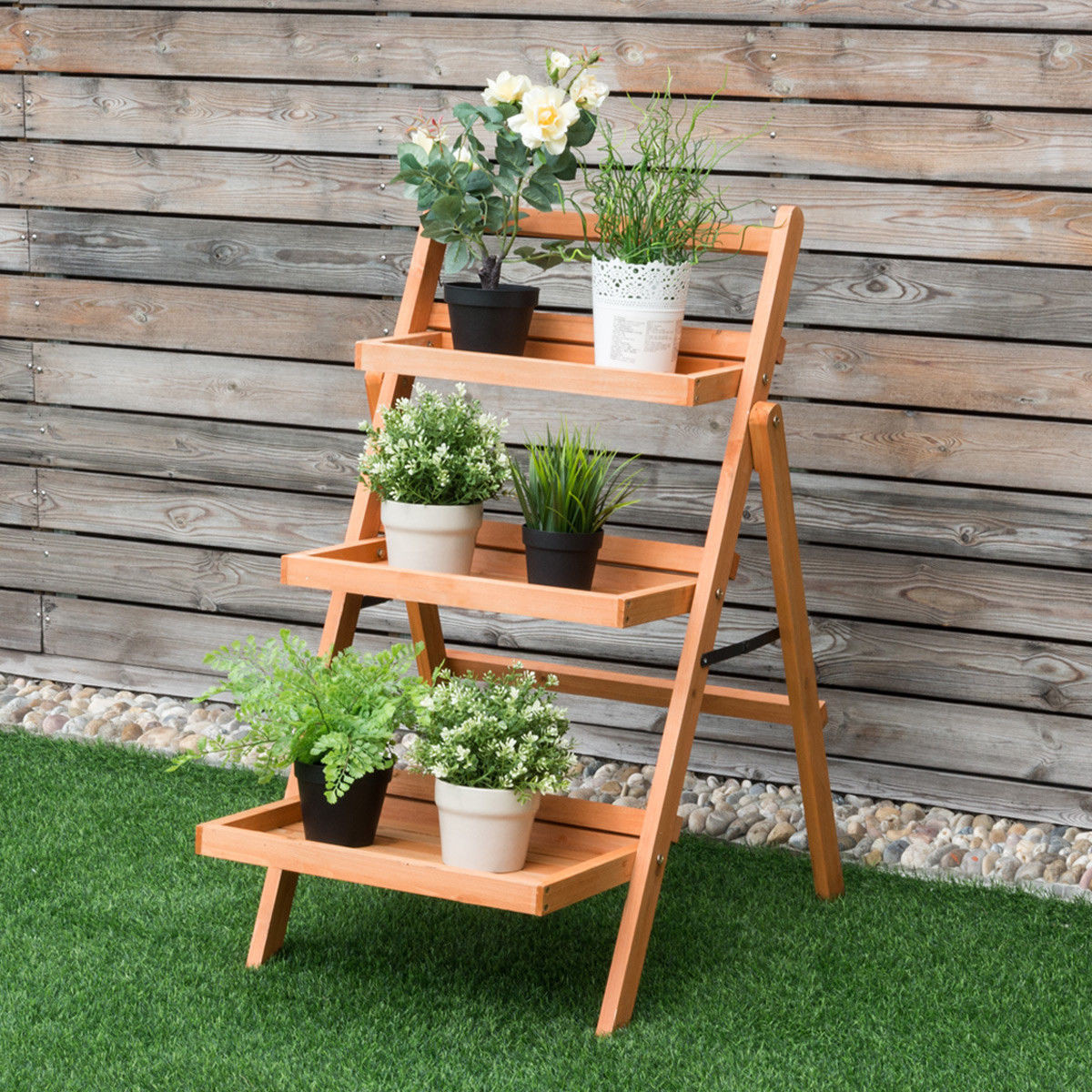 3 Tier Outdoor Wood Flower Folding Pot Shelf Stand