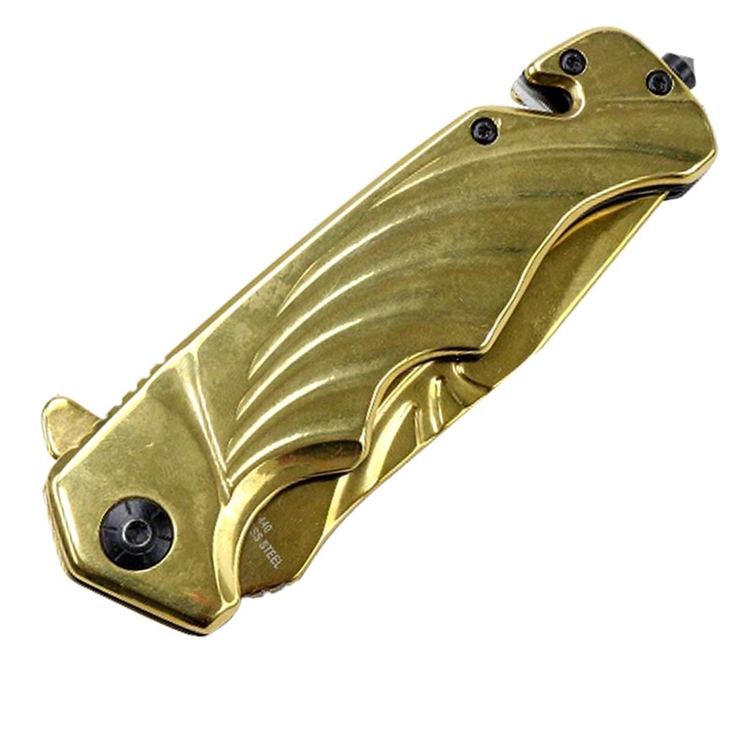 8 in. TheBoneEdge Spring Assisted Folding Knife All Gold With Belt Cutter & Glass Breaker