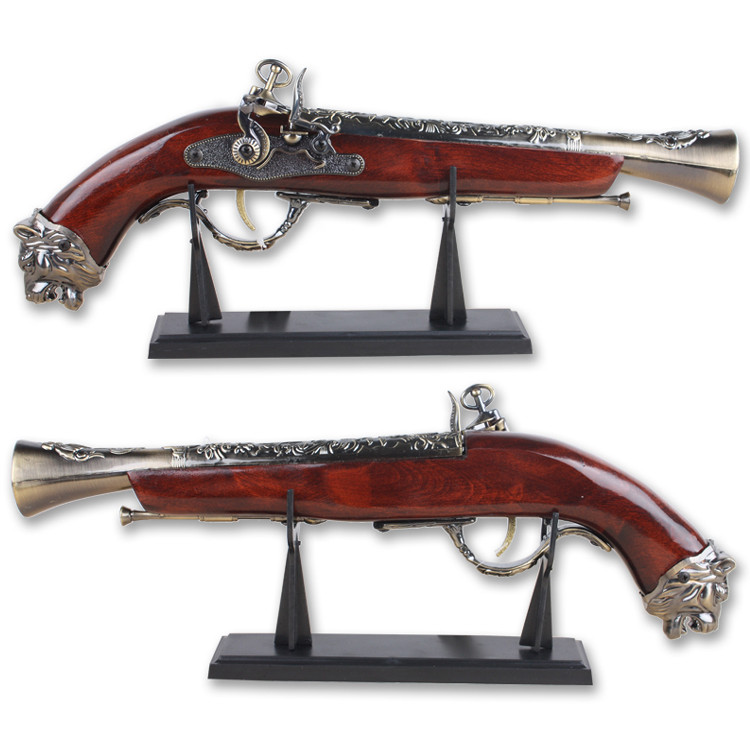 Defender 16 in. Decor Brass Finish Antique Gun Replica Model Non Firing Pistol with Stand
