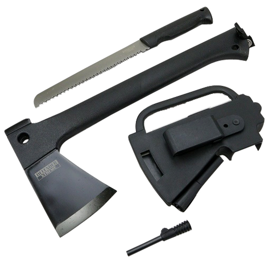 Defender-Xtreme Multi Function Camping Hunting Tactical Survival 17 in. Steel Axe W/ Saw Fire Starter