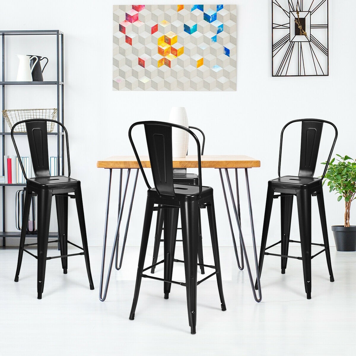 30 In. Height Set Of 4 High Back Metal Industrial Bar Stools