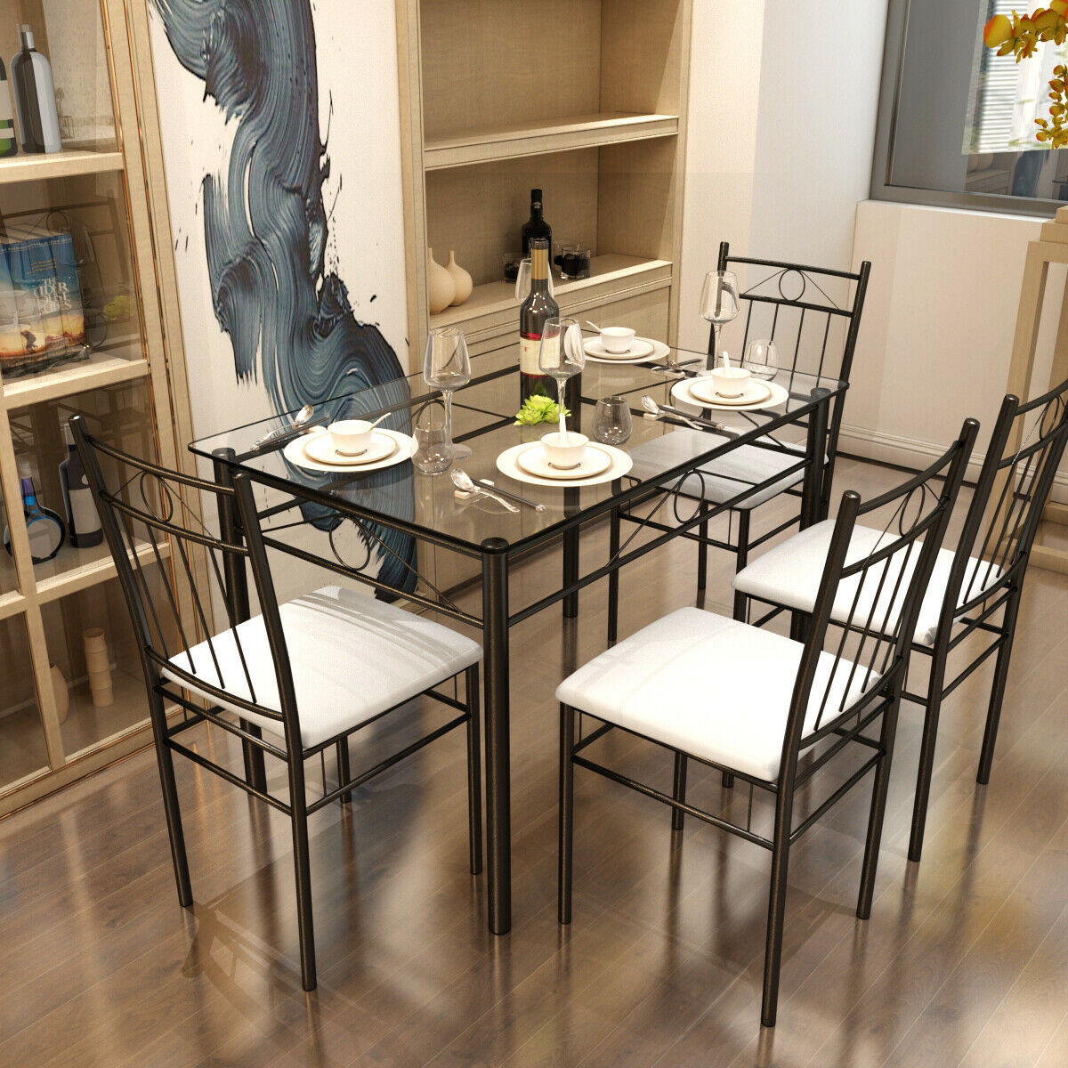 5 Pcs Glass Metal Table And 4 Chairs Dining Set