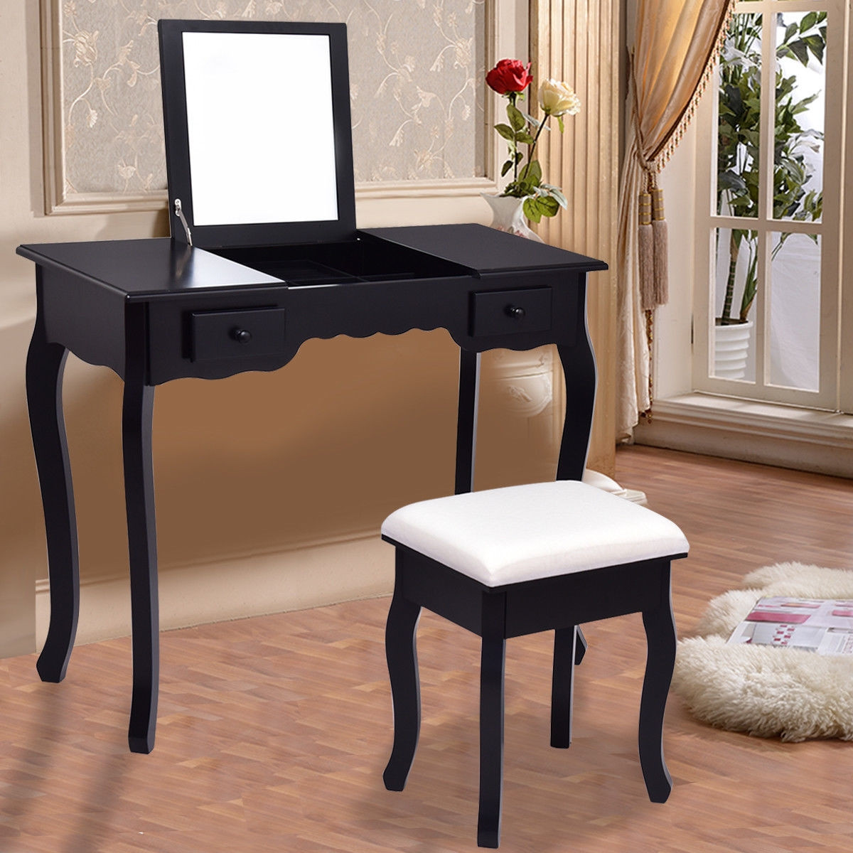 Mirrored Bathroom Dressing Vanity Table Set W / Stool