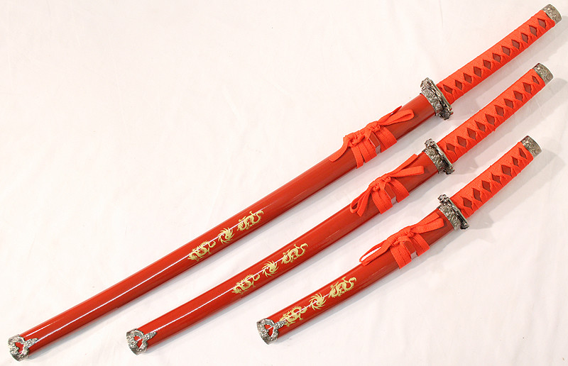 3 Piece Red Katana Ying Yang symbol Sword Set