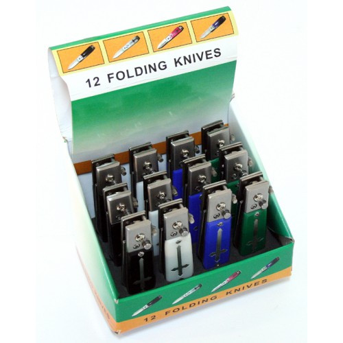 12 Piece Cross Design Set of 4.5 in.Mixed Colors Mini Push Button Spring Assisted Knife W/ Lock
