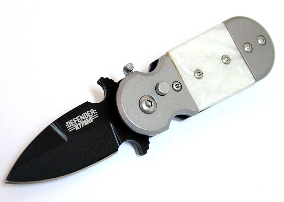 5 in. S/A Black & White Color Mini Push Button Knife Metal Handle W/Belt Clip