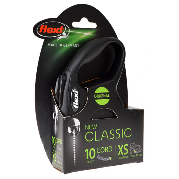 Flexi New Classic Retractable Cord Leash - Black - X-Small - 10 in. Cord - Pets up to 18 lbs