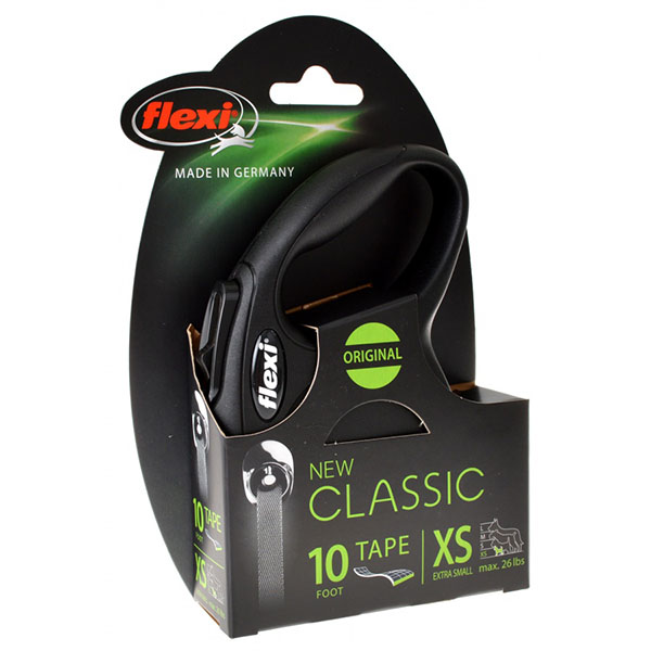 Flexi New Classic Retractable Tape Leash - Black - X-Small - 10 in. Lead - Pets up to 26 lbs