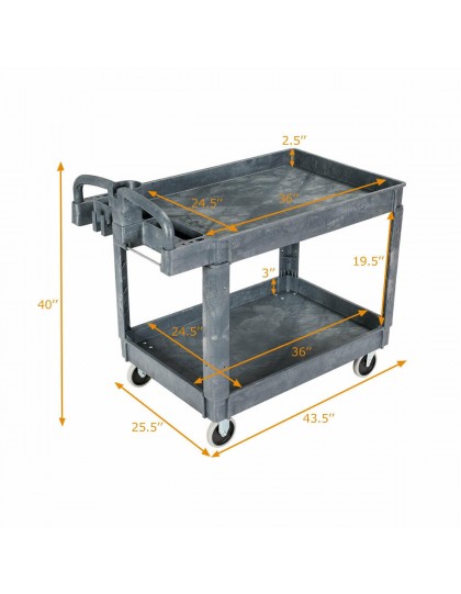 Plastic Utility Service Cart 550 lbs Capacity 2 Shelves Rolling