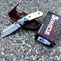 TheBoneEdge 7.5 in. Damascus Blade Folding Knife Horn Handle Handmade with Sheath